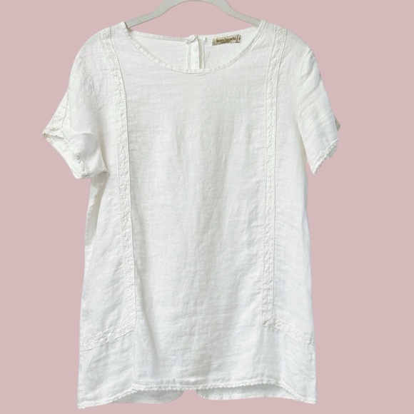 Laura Bianchi Tops - Italian White Linen Short Sleeve Tunic Blouse M Button Back Coastal Cottagecore
